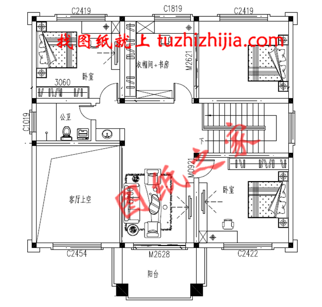 新中式農(nóng)村自建二層別墅設(shè)計(jì)圖，占地160平米左右，客廳中空