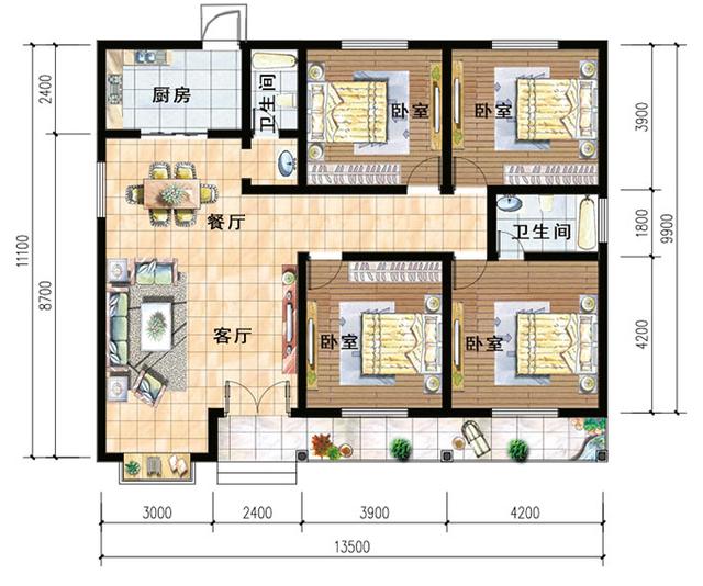 13x10米一層農(nóng)村別墅設(shè)計圖，不僅造價較低,而且經(jīng)濟實用，兩廳兩衛(wèi)四室絕對夠用！