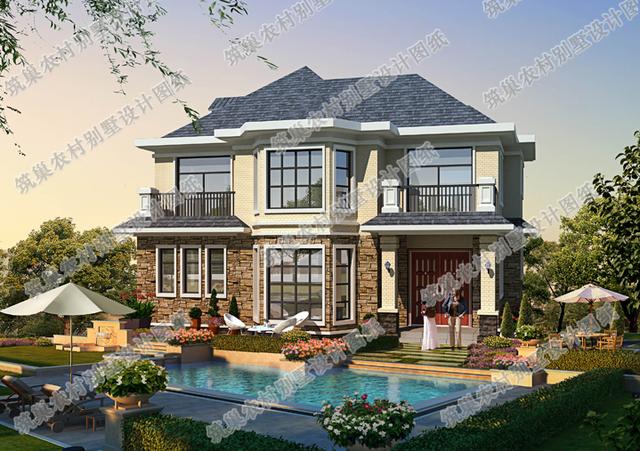 13×11米二層別墅設(shè)計(jì)圖，庭院內(nèi)設(shè)游泳池，造價(jià)25萬(wàn)。