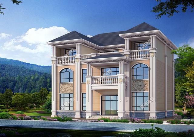 三層簡歐別墅設(shè)計圖，帶大露臺，主體造價估計在55萬左右，比較滿足農(nóng)村衣錦還鄉(xiāng)人士的住宅要求！