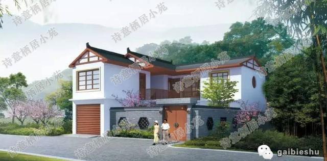 二層農(nóng)村別墅設(shè)計圖，帶有車庫，內(nèi)設(shè)有小庭院，造價20萬。