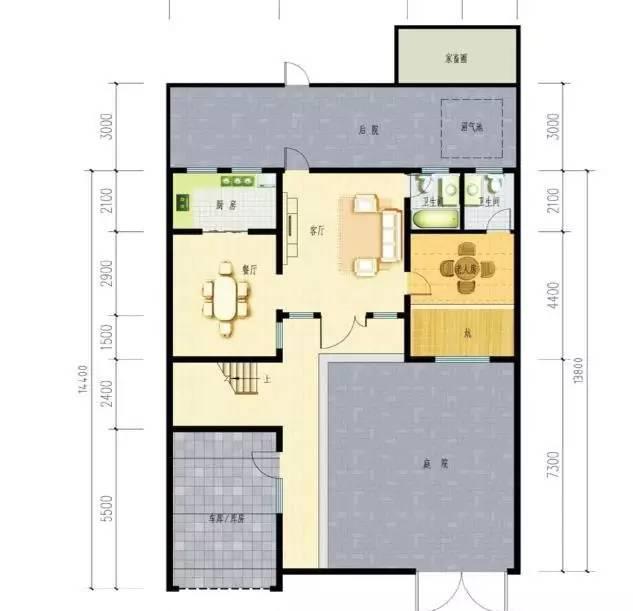 二層農(nóng)村別墅設(shè)計圖，帶有車庫，內(nèi)設(shè)有小庭院，造價20萬。