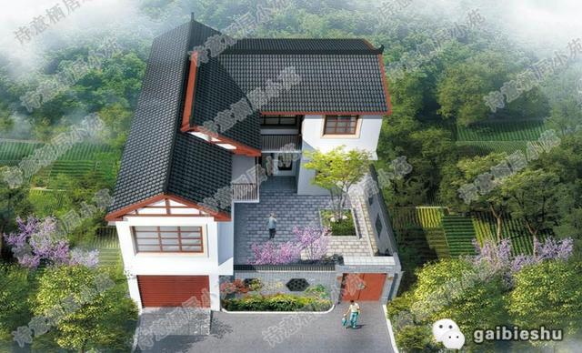 二層農(nóng)村別墅設(shè)計圖，帶有車庫，內(nèi)設(shè)有小庭院，造價20萬。