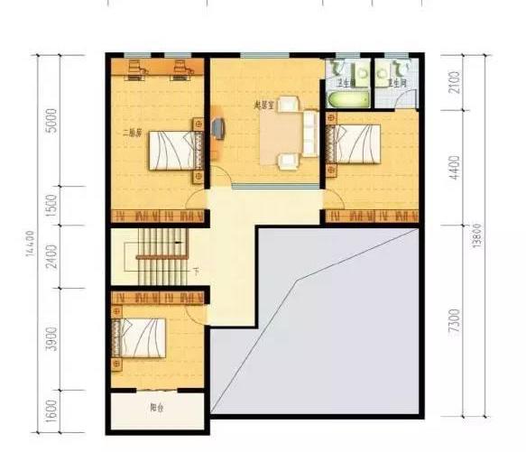 二層農(nóng)村別墅設(shè)計圖，帶有車庫，內(nèi)設(shè)有小庭院，造價20萬。