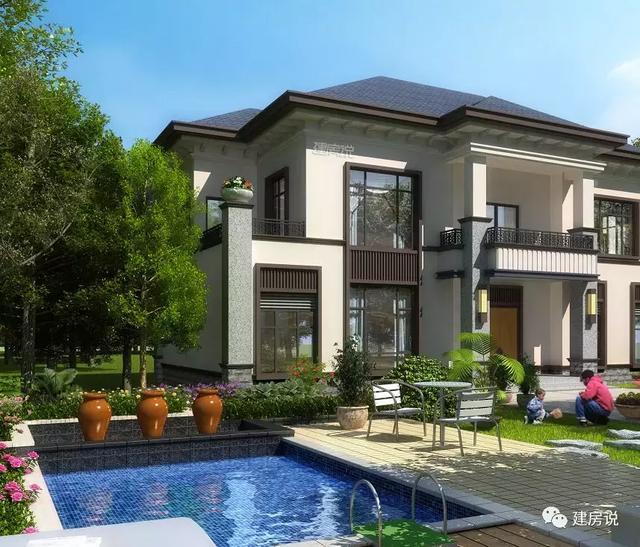 二層新中式花園泳池別墅設(shè)計(jì)圖，造型恢宏大氣，建房發(fā)愁的朋友進(jìn)來(lái)看。