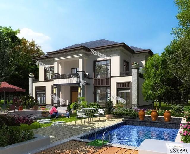 二層新中式花園泳池別墅設(shè)計(jì)圖，造型恢宏大氣，建房發(fā)愁的朋友進(jìn)來(lái)看。