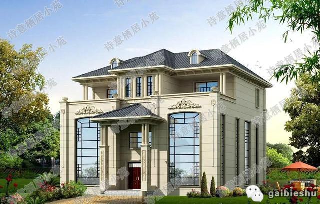 16×16米帶挑空客廳豪華三層農(nóng)村別墅設(shè)計效果圖，造價65萬，框架結(jié)構(gòu)