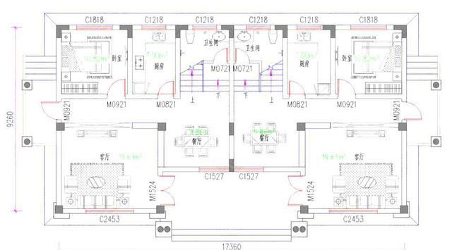17×9米45萬(wàn)三層兄弟戶雙拼別墅設(shè)計(jì)圖，戶型對(duì)稱大氣，設(shè)計(jì)獨(dú)特時(shí)尚