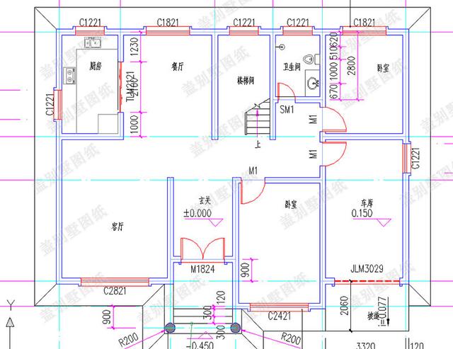 30萬以內(nèi)二層自建房全套CAD施工圖，14×11米6臥帶車庫