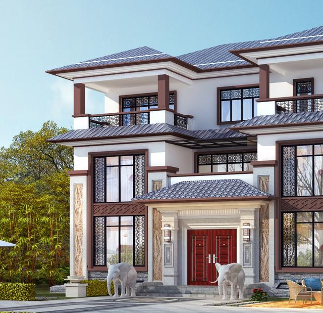 大面寬的三層中式別墅設(shè)計(jì)圖，占地方正，左右對(duì)稱，帶地下室。