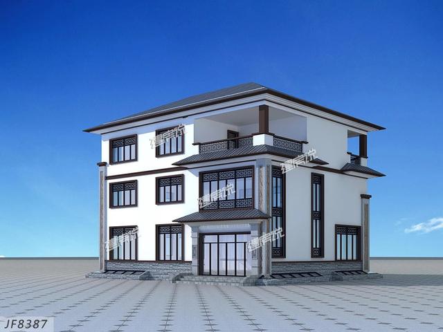 大面寬的三層中式別墅設(shè)計(jì)圖，占地方正，左右對(duì)稱，帶地下室。