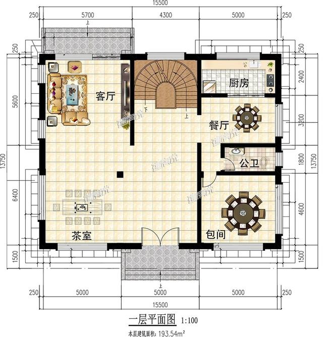 大面寬的三層中式別墅設(shè)計(jì)圖，占地方正，左右對(duì)稱，帶地下室。