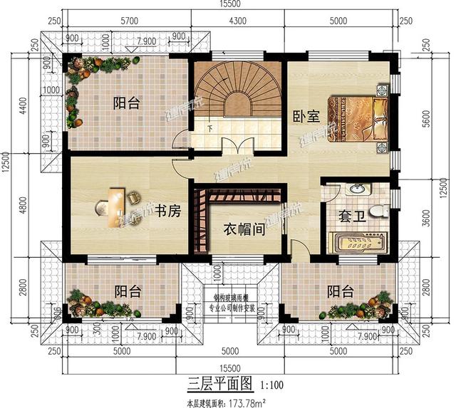 大面寬的三層中式別墅設(shè)計(jì)圖，占地方正，左右對(duì)稱，帶地下室。