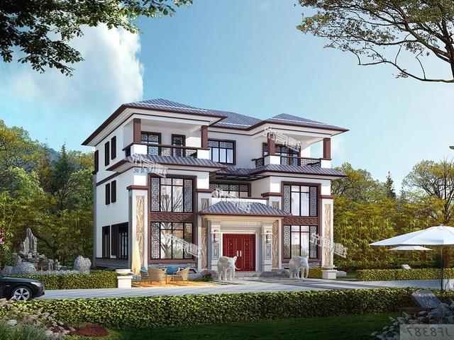 大面寬的三層中式別墅設(shè)計(jì)圖，占地方正，左右對(duì)稱，帶地下室。