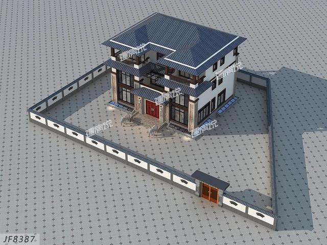 大面寬的三層中式別墅設(shè)計(jì)圖，占地方正，左右對(duì)稱，帶地下室。