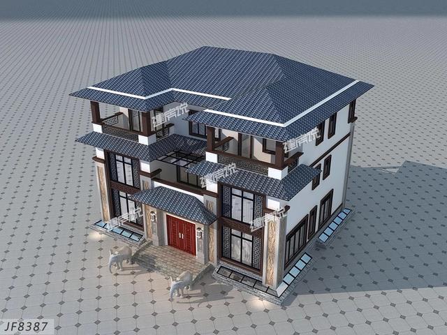 大面寬的三層中式別墅設(shè)計(jì)圖，占地方正，左右對(duì)稱，帶地下室。