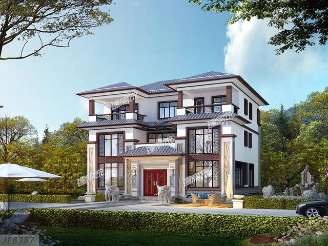 大面寬的三層中式別墅設(shè)計(jì)圖，占地方正，左右對(duì)稱，帶地下室。