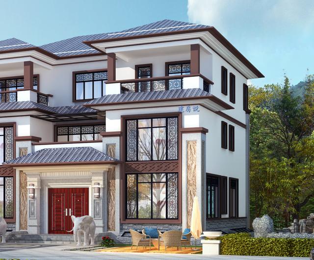 大面寬的三層中式別墅設(shè)計(jì)圖，占地方正，左右對(duì)稱，帶地下室。