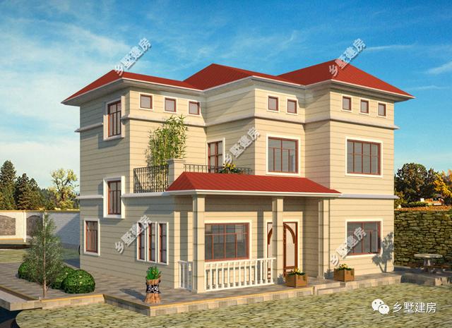 三層現(xiàn)代田園風別墅設計圖，帶大露臺+老虎窗，造價40萬左右。