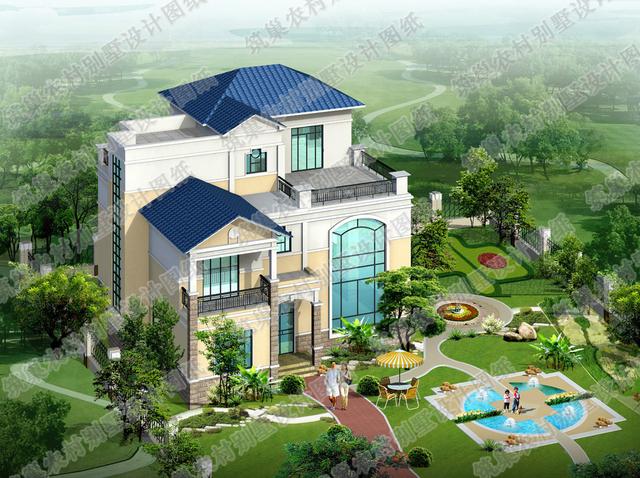 13.5米×14.3米三層復(fù)式別墅設(shè)計(jì)圖，設(shè)計(jì)美觀大氣，帶大露臺，造價(jià)35萬。