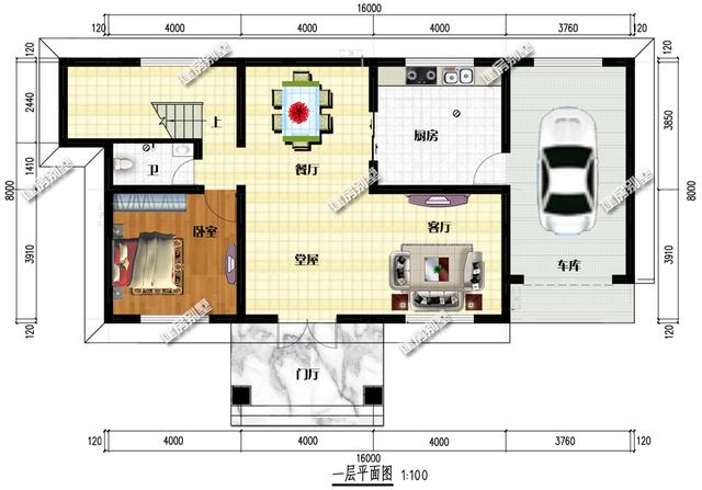 16mx8m二層平頂別墅設計圖，帶車庫，很適合在北方建設。