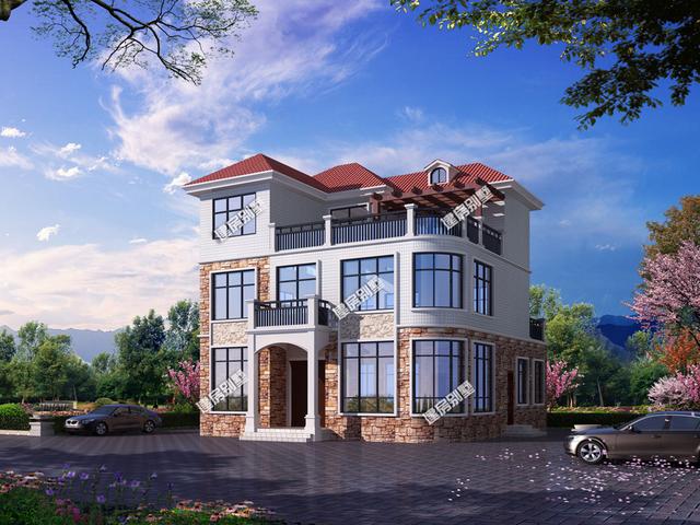 11.76mx9.76m三層別墅設計圖，帶客廳挑空+旋轉(zhuǎn)樓梯+獨立廚房設計，是一款不錯的鄉(xiāng)村三層房型。