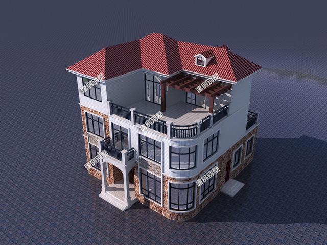 11.76mx9.76m三層別墅設計圖，帶客廳挑空+旋轉(zhuǎn)樓梯+獨立廚房設計，是一款不錯的鄉(xiāng)村三層房型。