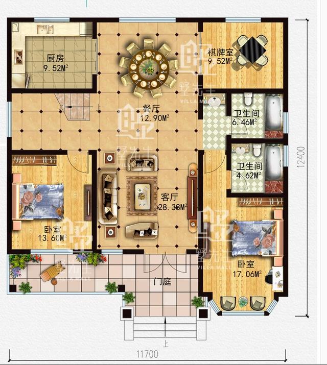 占地134平的田園風(fēng)一層別墅設(shè)計(jì)圖，帶閣樓，造價(jià)23萬(wàn)以內(nèi)。