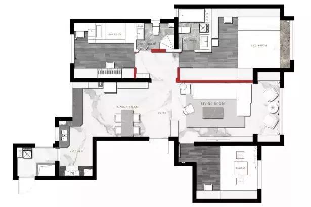 138平三居室用黑白灰風(fēng)格裝修，簡(jiǎn)潔大方，好帥氣。