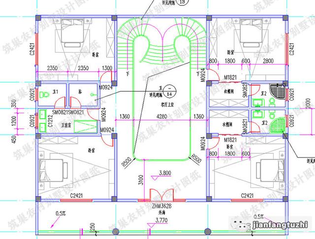 19×16米中式二層四合院別墅設計圖，挑空大客廳+旋轉樓梯，功能齊全，造價65萬。