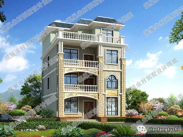 9×13米四層農(nóng)村自建房，帶露臺花園，外觀清新淡雅，造價40萬。