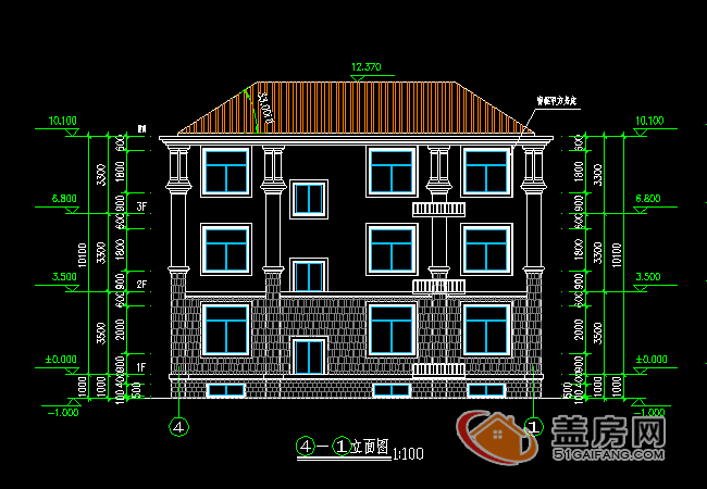 15x14三層半農(nóng)村別墅設(shè)計(jì)圖，帶地下室，漂亮大方。