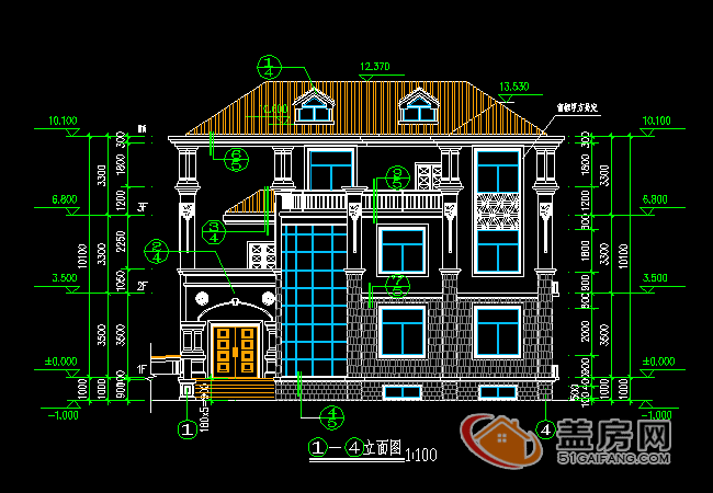 15x14三層半農(nóng)村別墅設(shè)計(jì)圖，帶地下室，漂亮大方。