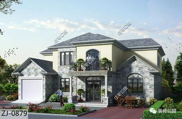 12×15米二層農(nóng)村別墅設(shè)計(jì)圖，布局合理，外觀簡(jiǎn)約迷人，帶車庫(kù)。