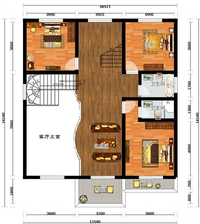 三層豪華復(fù)式別墅設(shè)計圖，挑空客廳+旋轉(zhuǎn)樓梯