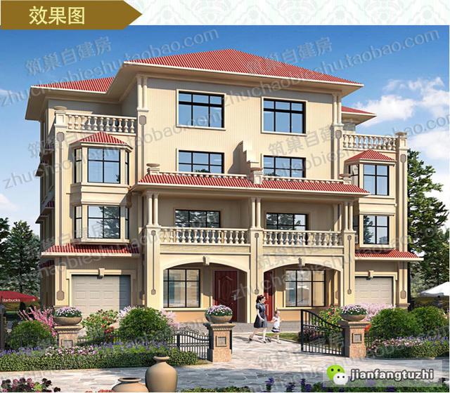 四層實(shí)用商住兩用臨街商鋪雙拼別墅施工效果圖，適合農(nóng)村兩兄弟建造