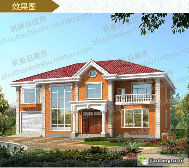 復式二層帶車庫+落地窗農村獨棟別墅全套施工效果圖，12X14米，造價32萬左右