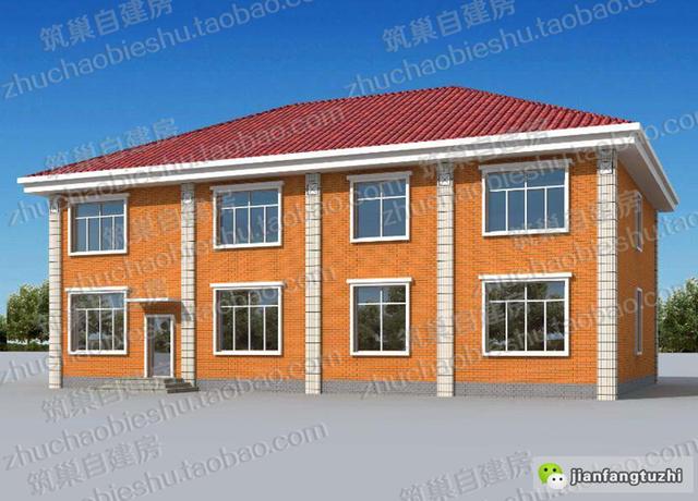 復式二層帶車庫+落地窗農村獨棟別墅全套施工效果圖，12X14米，造價32萬左右