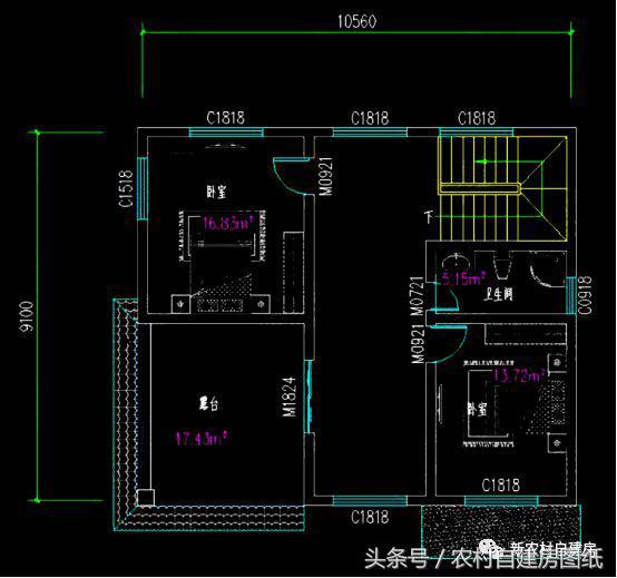 10.56米x10.3米農(nóng)村三層別墅設(shè)計(jì)圖，經(jīng)濟(jì)適用，布局簡單合理，造價(jià)26萬。
