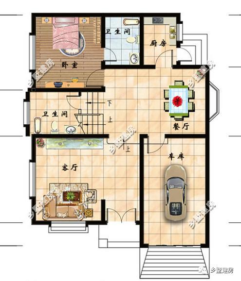 9x12米二層半農(nóng)村別墅設計圖，帶車庫，外觀造型簡約、大氣。