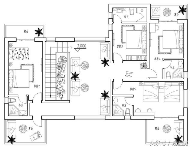 17.9m×12.2m二層新中式別墅設(shè)計圖，帶樓梯天井+4大露臺，造價48萬。