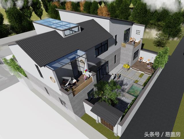 17.9m×12.2m二層新中式別墅設(shè)計圖，帶樓梯天井+4大露臺，造價48萬。