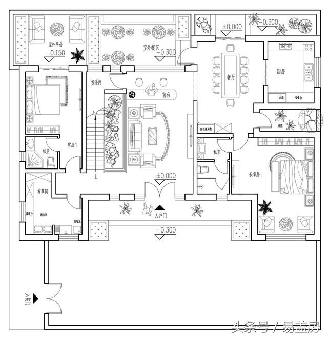 17.9m×12.2m二層新中式別墅設(shè)計圖，帶樓梯天井+4大露臺，造價48萬。