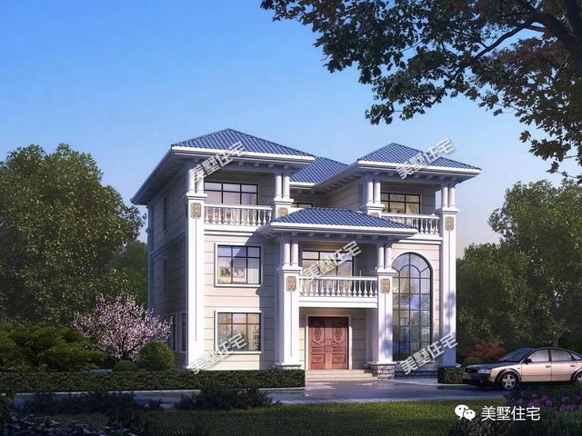 占地約175平米的三層別墅設(shè)計圖，戶型方正，外觀清新簡潔，布局實用