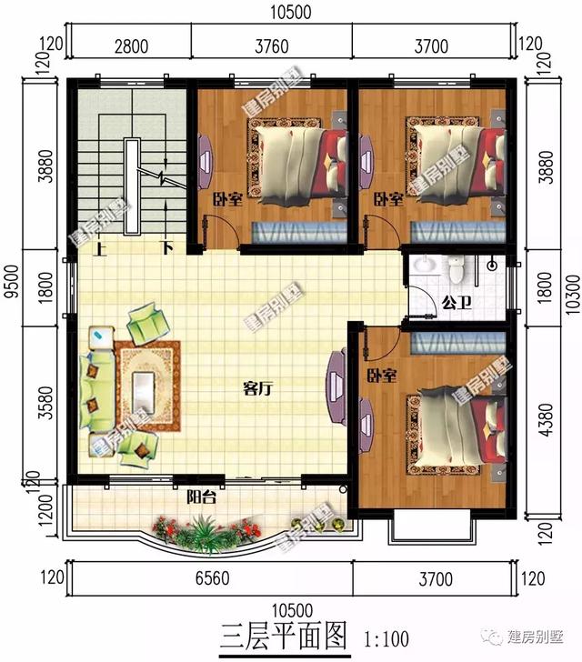 10.5×10.3米四層農(nóng)村別墅設(shè)計圖，外觀干凈大氣，布局真的很不錯。