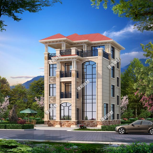 四層別墅設(shè)計圖，大型落地窗搭配超大露臺涼亭！外觀看上去相當(dāng)豪氣！