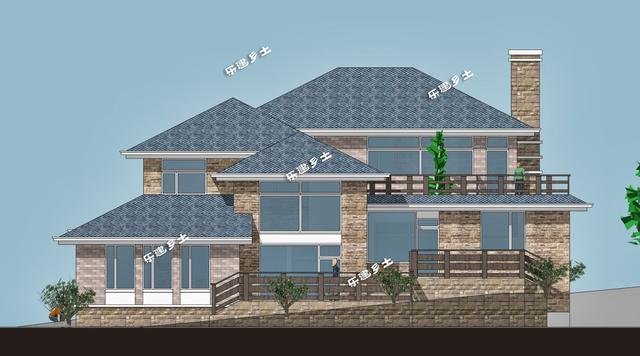 美式別墅設(shè)計(jì)圖，造型舒展，層次豐富。