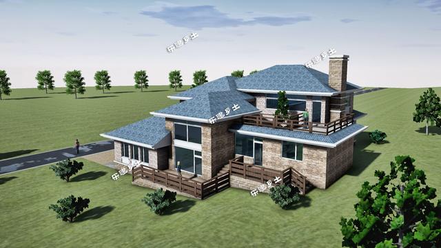 美式別墅設(shè)計(jì)圖，造型舒展，層次豐富。