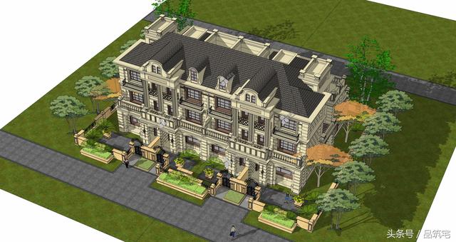 四聯(lián)排法式別墅設(shè)計(jì)圖，花園+庭院，整體造型大氣恢弘