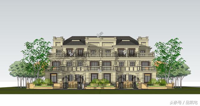 四聯(lián)排法式別墅設(shè)計(jì)圖，花園+庭院，整體造型大氣恢弘